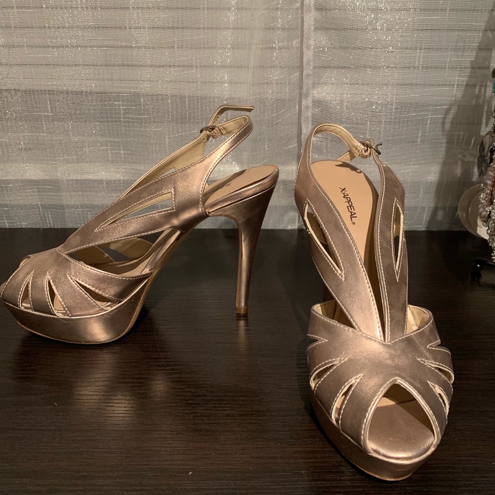Rose gold strappy peep toe platform pumps